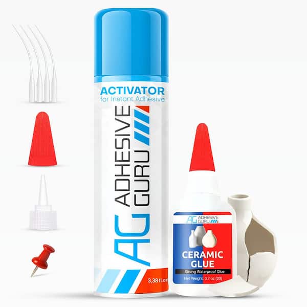 AG Ceramic Glue 0.7 oz. & Activator Spray 3.38 fl oz. Set, Fast-Drying Clear CA Glue Set for Porcelain, Pottery, Crafts
