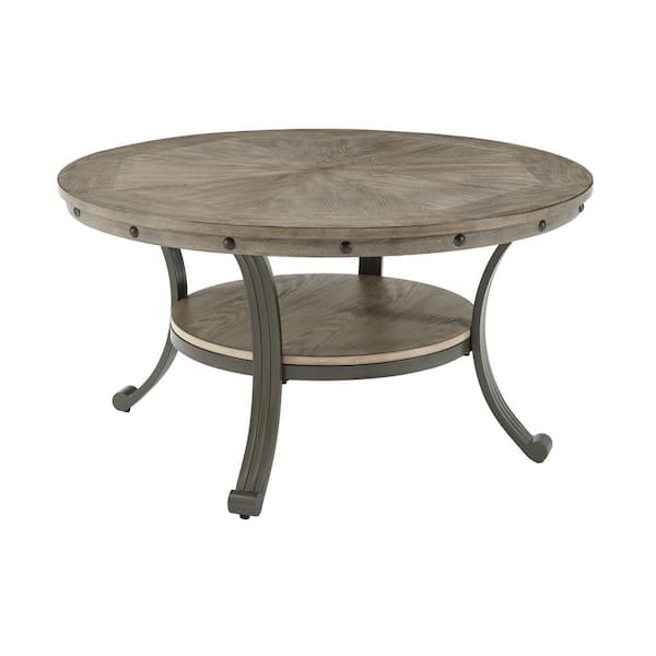 Franklin 36 in. Pewter Gray Round Wood Coffee Table with Shelf