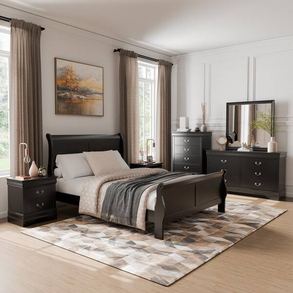 Furniture of America 4 Piece Burkhart Black Wood Queen Bedroom Set with Nightstand and Dresser Mirror EC 7866BK Q 4PC The Home Depot