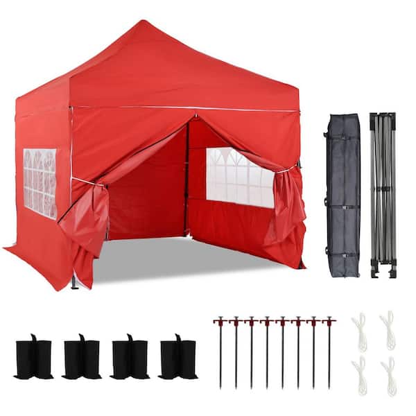 Aoodor 10 ft. x 10 ft. Heavy-Duty Commercial Instant Pop Up Canopy Tent with Sidewalls and Wheeled Bag and Weight Bags-Red