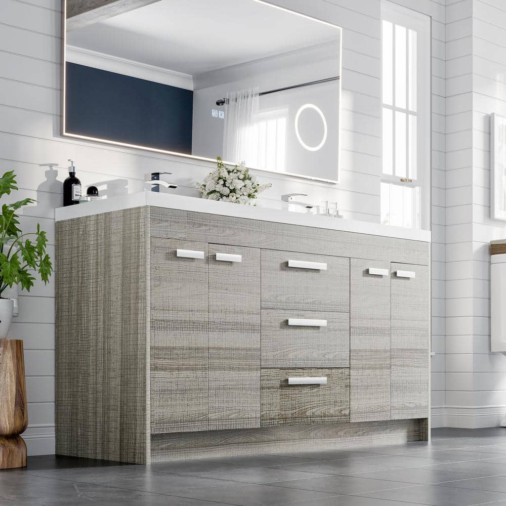 Ash Modern Freestanding Double Bathroom Vanity with White Acrylic Sink