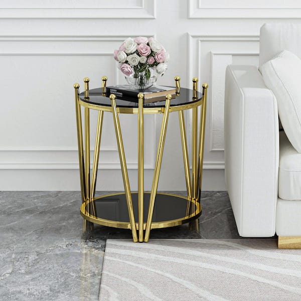 20 in. Black Round Glass Coffee Table with Gold Crown-Design Stainless Steel Legs, 2-Tier Tempered Coffee Table