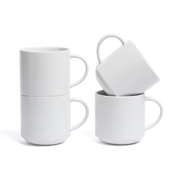 Stackable 14 oz. Semi-Matte White Hand-Finished Stoneware Mugs, (Set of 4)