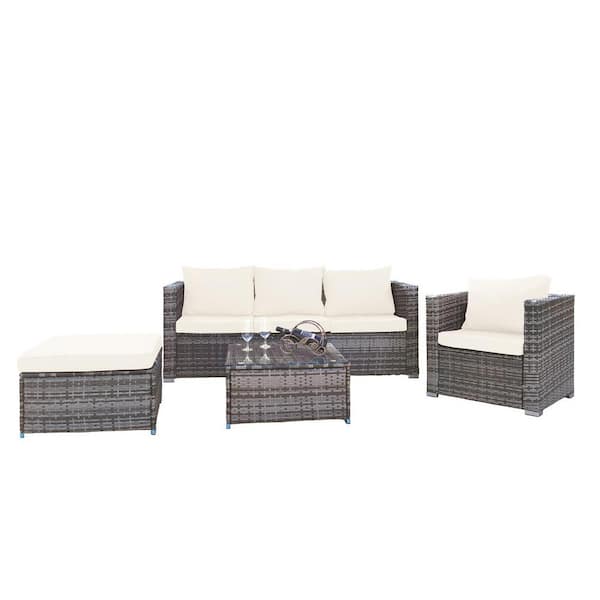 Inner Decor Flint 4-Piece Gray Sturdy Wicker Outdoor Patio Conversation Set with Beige Cushions