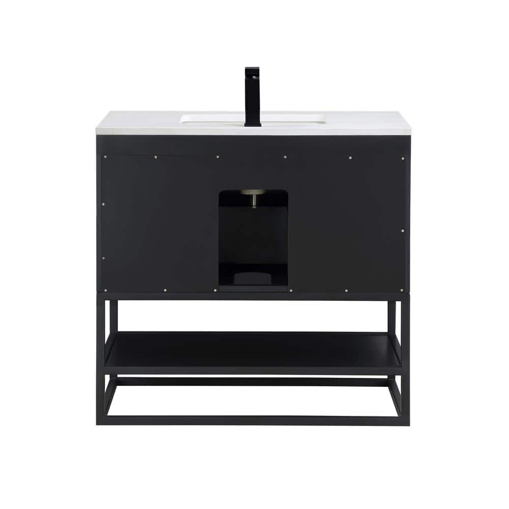 Terra 36'' Matte Black Acacia Single Bathroom Vanity with White Quartz Top