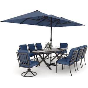 10-Piece Metal Patio Outdoor Dining Set w/ Swivel Chairs, Rectangular Table, Double-Sided Umbrella and Navy Blue Cushion