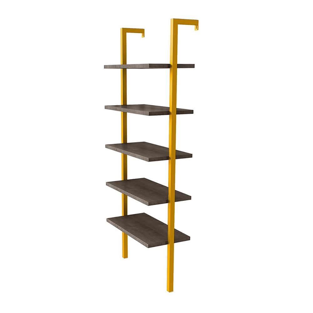 mieres Minimalist 70.8 in. Smoking Gray Wooden 5Shelves Wall Mount Ladder Bookcase with Gold
