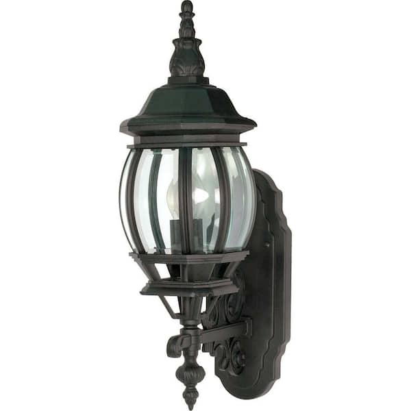 SATCO 1-Light - 20 in. Wall Lantern Sconce with Clear Beveled Glass Textured Black