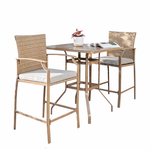 3-Piece Metal Top Bar Stool Armrest with Metal Square Table Set