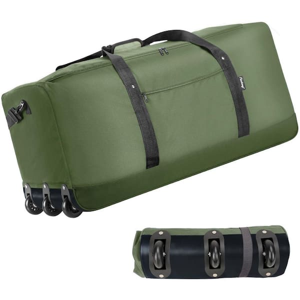 Large 32.3 in Water Resistant Foldable Rolling Duffel Bag in Green, Reinforced Bottom with Heavy Duty 3 Wheels