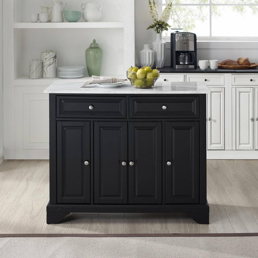 Avery Distressed Black Kitchen Island with Faux-Marble Top