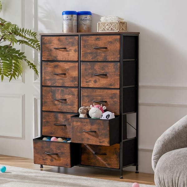 Brown 10 Drawer 31.4 in. W Fabric Storage Tower Dresser Wooden Top Without mirror for Kid Room, Closet, Entryway