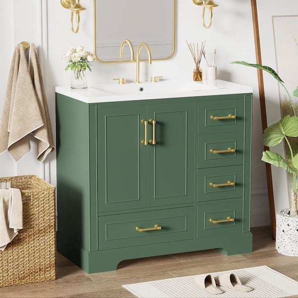 Qualler 36 in. W x 18 in. D x 34 in. H Single Sink Freestanding Bath Vanity in Green with White Resin Top