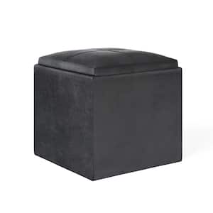 Rockwood 18 in. Wide Contemporary Square Cube Storage Ottoman with Tray in Distressed Black Vegan Faux Leather