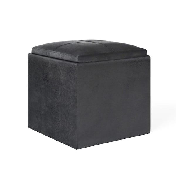 Simpli Home Rockwood 18 in. Wide Contemporary Square Cube Storage Ottoman with Tray in Distressed Black Vegan Faux Leather