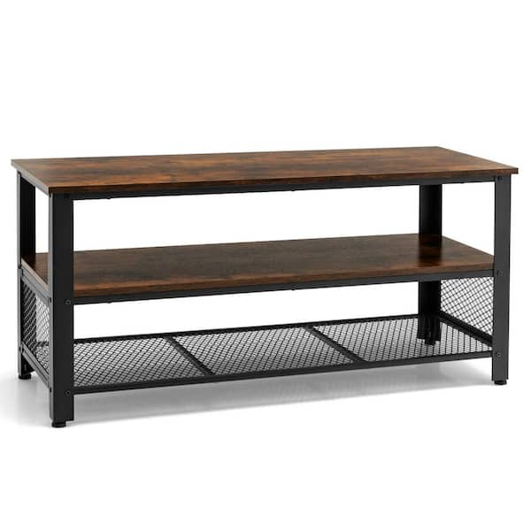 Gymax 3-Tier Industrial TV Stand Entertainment Media Center Console w/Metal Mesh Shelf Rustic Brown
