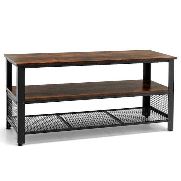 Gymax 3-Tier Industrial TV Stand Entertainment Media Center Console with Metal Mesh Shelf Rustic Brown