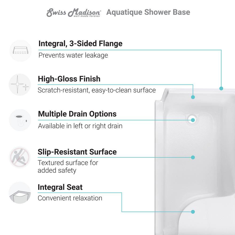 White Acrylic Single Threshold Shower Base with Seat and Right Drain