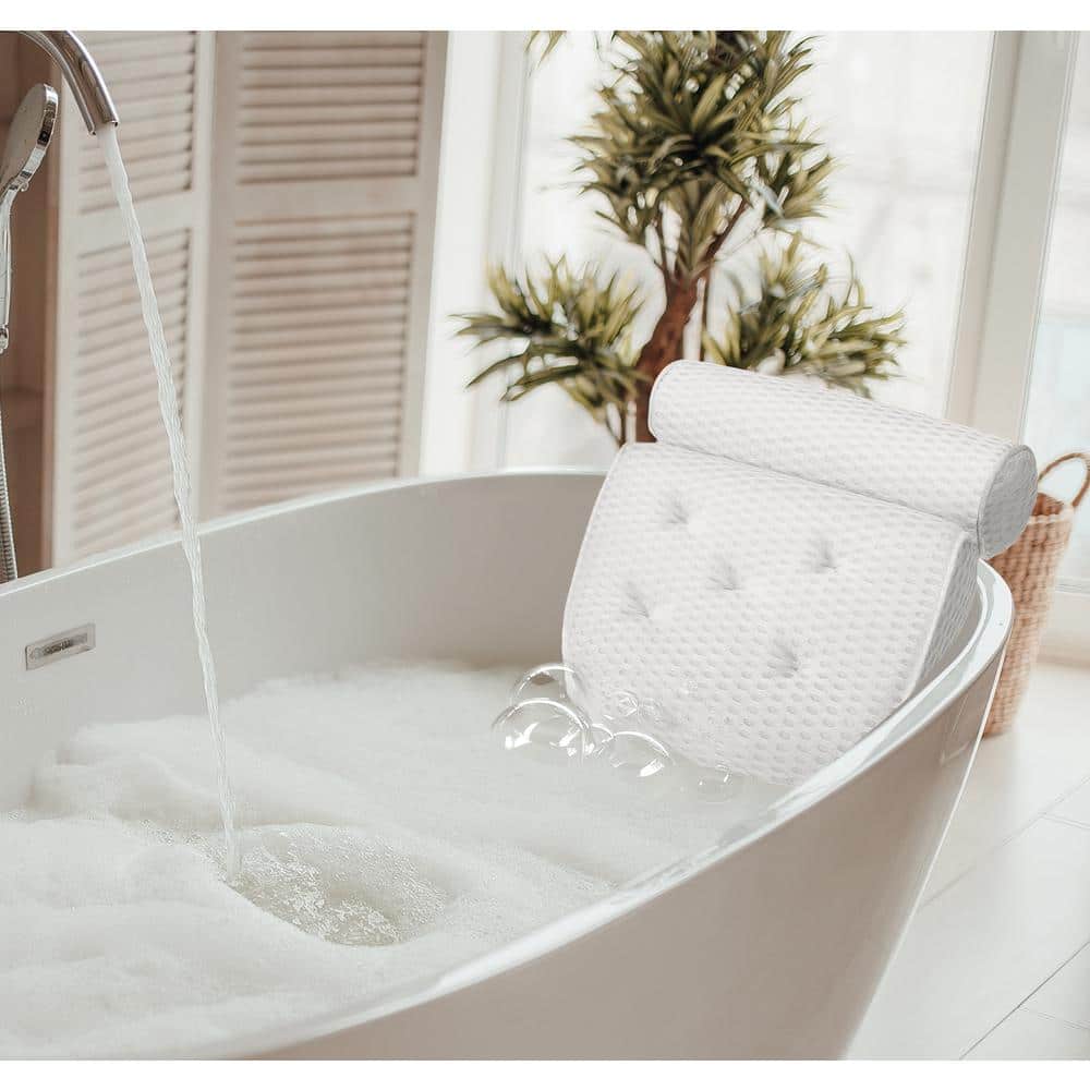 White Cotton Quick-Dry Mesh Bath Pillow for Neck and Back Support