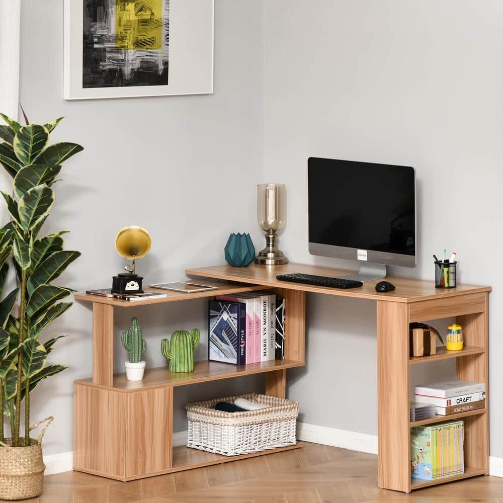 Modern Maple L-Shaped Rotating Corner Desk with Shelves