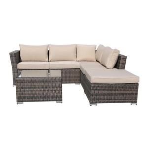 4-Piece Wicker Outdoor Patio Conversation Set with Beige Cushions