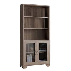 Wooden Book Cabinet Taupe Brown with Three Display Shelves and Two Glass Doors
