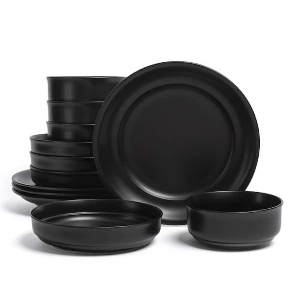 Rimmed 12-Piece Semi-Matte Black Hand-Finished Stoneware Dinnerware Set, Service for 4