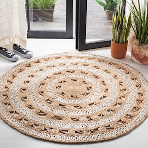 Natural Fiber Ivory/Beige 5 ft. x 5 ft. Woven Ornate Round Area Rug