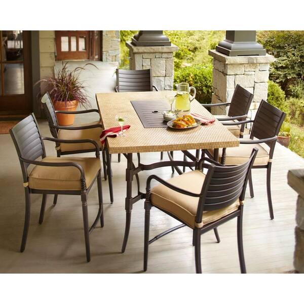 Hampton Bay Madison 7-Piece Patio High Dining Set with Textured Golden Wheat Cushions-DISCONTINUED