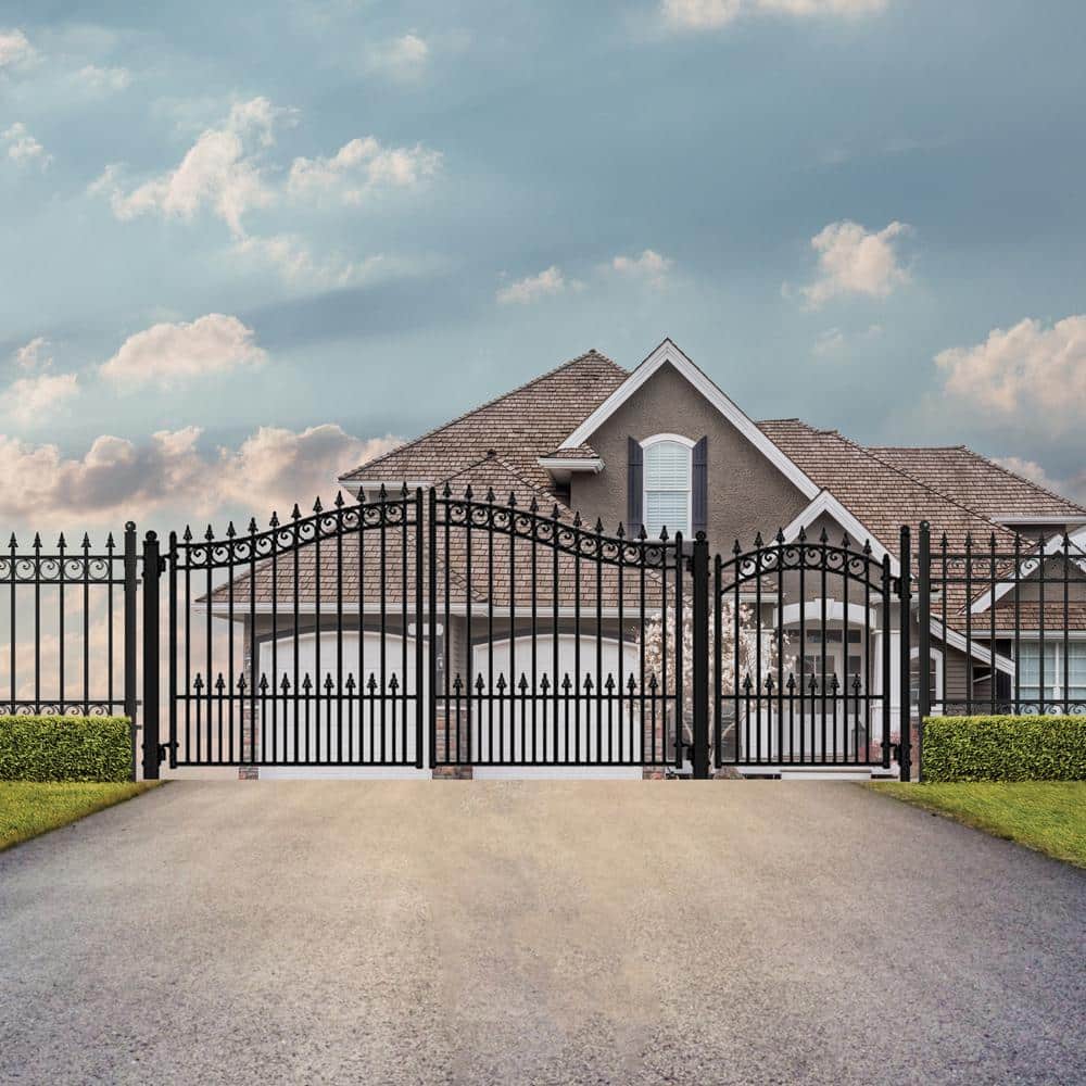 Prague Style Black Steel Dual Driveway Gate with Pedestrian Gate