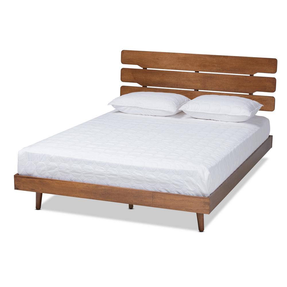 Queen Walnut Rubberwood Platform Bed with Slatted Headboard