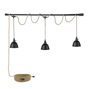 3-Light Black Hanging Pendant Lamps with Metal Dome Shade 29 ft. Twisted Hemp Rope Switch