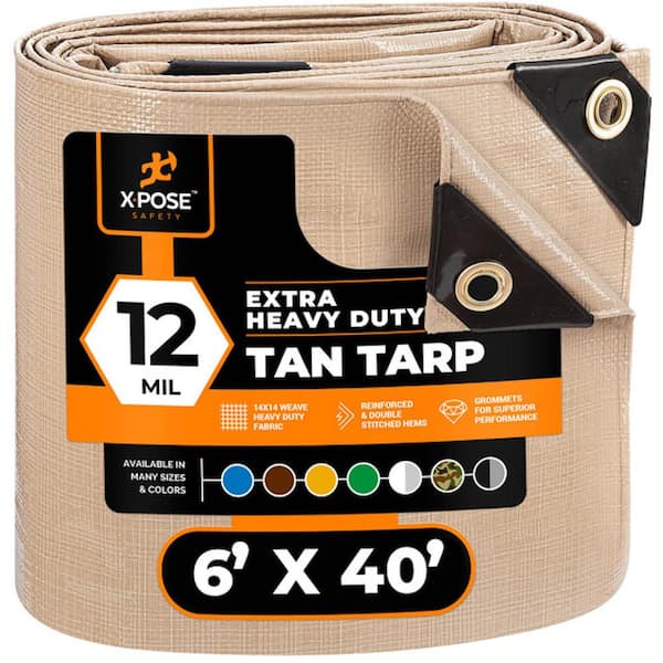 XPOSE SAFETY Heavy-Duty Tan Poly Tarp 6 ft. x 40 ft. Multi-Purpose Protective Cover Durable Extra Thick 12 Mil Polyethylene