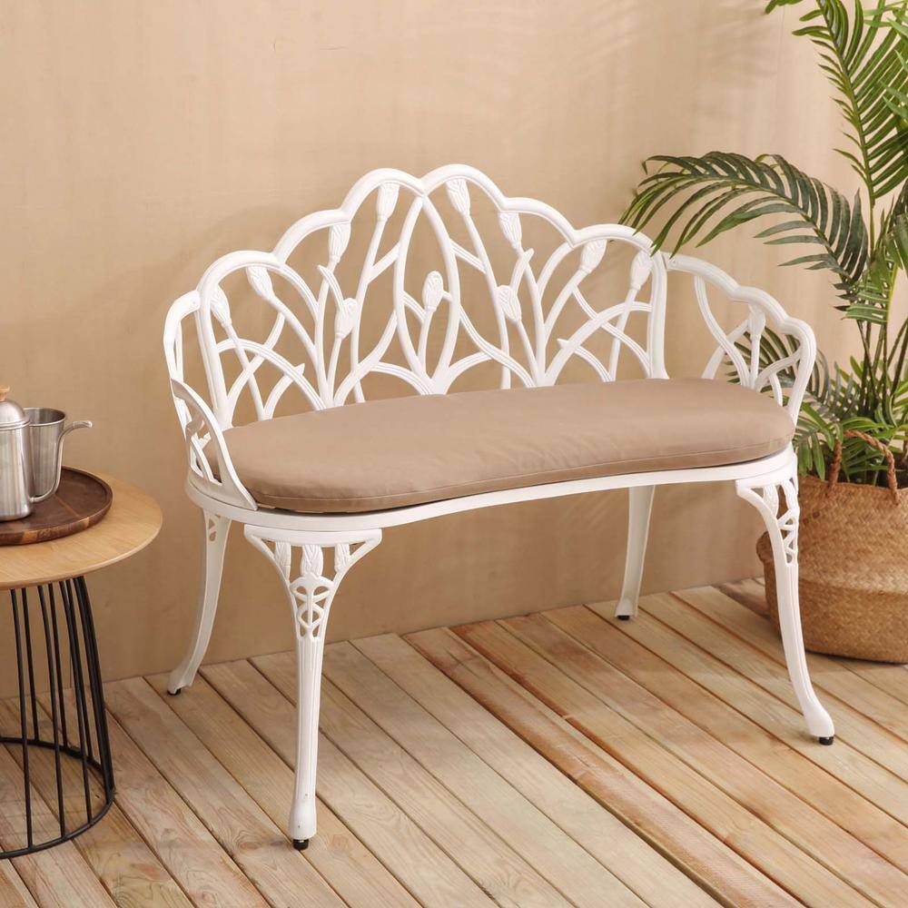 38.9 in. 2-Person White Cast Aluminum Outdoor Bench Patio Park Garden Bench