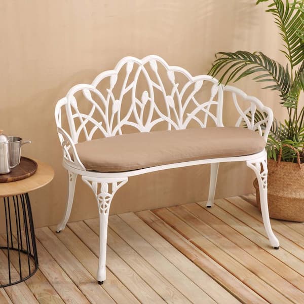 Unbranded 38.9 in. 2-Person White Cast Aluminum Outdoor Bench Patio Park Garden Bench with Brown Cushion