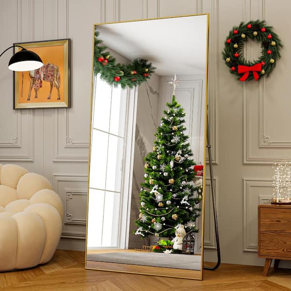 XRAMFY 31 in. W x 71 in. H Rectangular Classic Gold Aluminum Alloy Framed Full Length Leaning Mirror