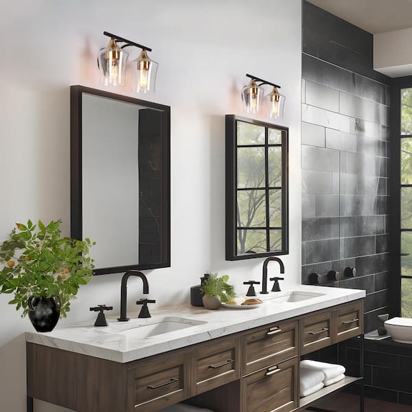 Jallie 14 in. Modern 2-Light Black Bathroom Vanity Lights Brass Gold Bath Lighting Seeded Glass Shade Wall Sconce
