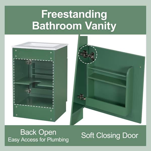 Sheffield Modern 20 in. Bathroom Green Bath Vanity with White Ceramic Sink Top, Cabinet, Shelves