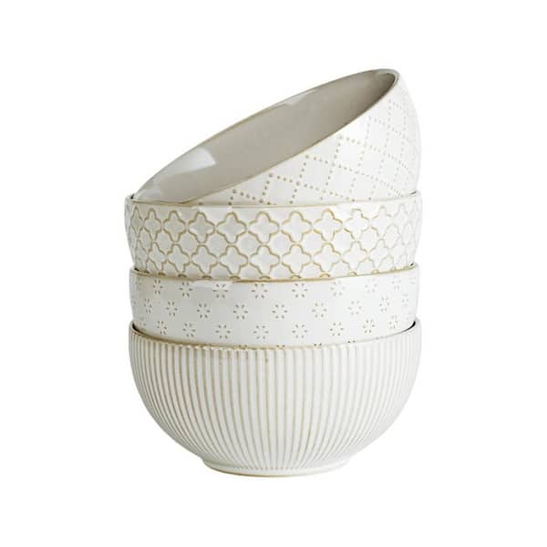 Off-White 30 fl. oz. 6.1 in. Ceramic Cereal Bowls with Assorted Embossment for Housewarming, Wedding Gifts Set of 4
