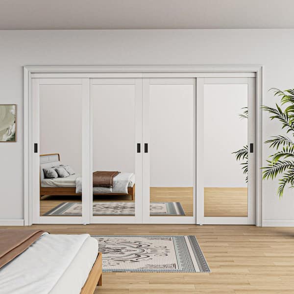 120 in. x 96 in. Solid Core 1-Lite Mirror White Primed MDF Interior Closet Sliding Door with Hardware and Black Handle