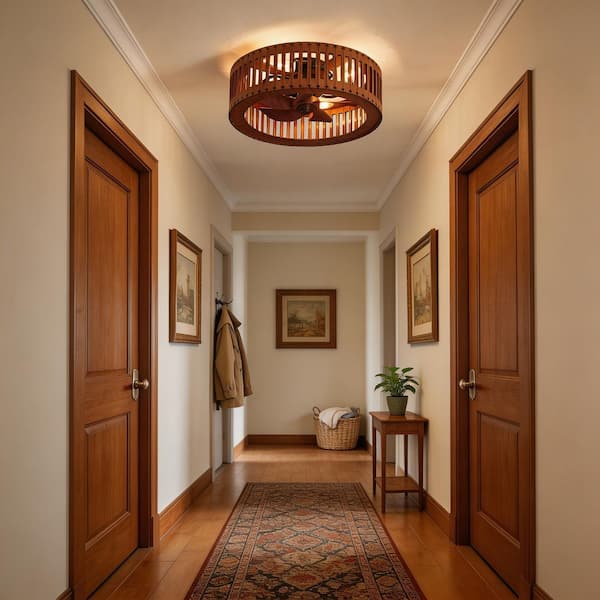 20 in. Dark Coffee Flush Mount Ceiling Fan with Light, Rustic Wood Caged Low Profile with Remote Reversible Fan Blades