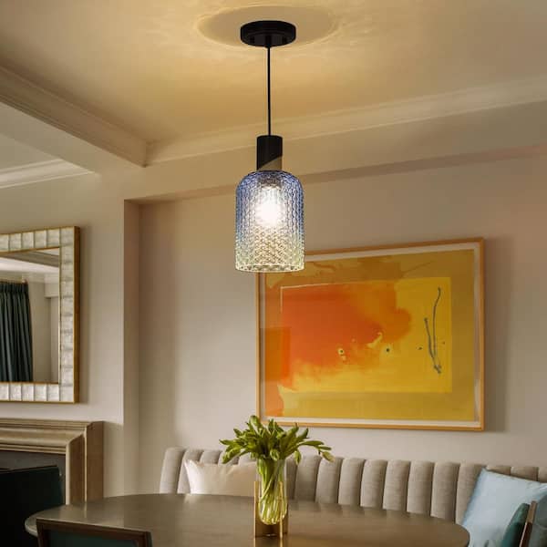1-Light Blue Gradient Pendant Light with Hammered Glass Shade, No Bulbs Included