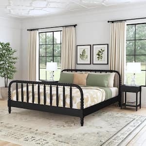 Spindle Matte Black Wood King Bedroom Set with Bed and 2 Nightstands