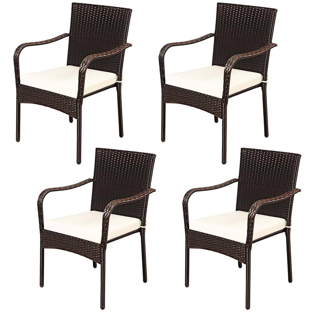 Set of 4 Brown Rattan Outdoor Dining Chairs with White Cushions