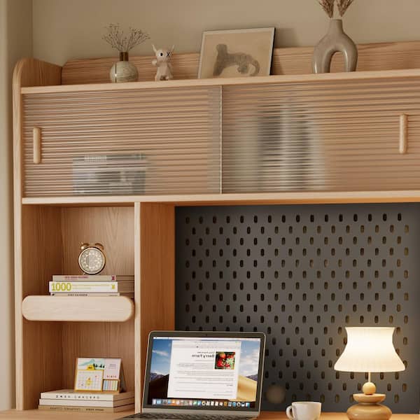 Scandinavian Beige Oak Kids Study Desk with Hutch, Pegboard Back Slatted Doors, Space-Saving Home Office Desk for Rooms