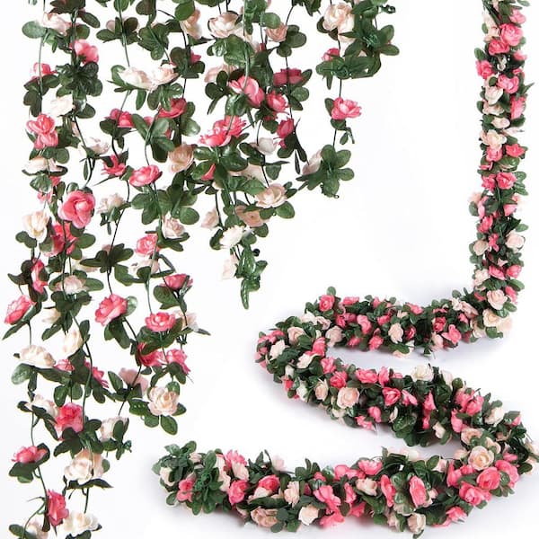 Afoxsos 8.2 ft. Pink Artificial Rose Vine Flowers Garland with Green Leaves Hanging for Room and Wedding, Birthday, Arch Decor
