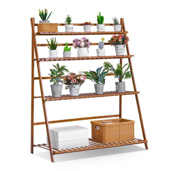 Unbranded Brown Wooden Folding Bamboo Plant Stand, Portable Flower Display Stand (4-Tier)