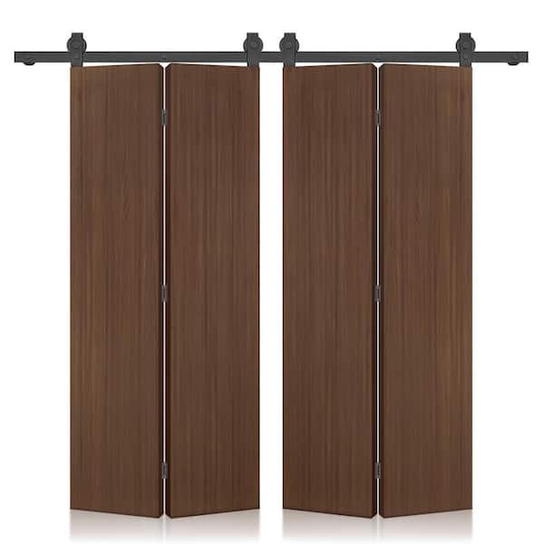 40 in. x 90 in. Hollow Core Walnut Composite Texture Double Bi-fold Door with Sliding Barn Door Hardware Kit