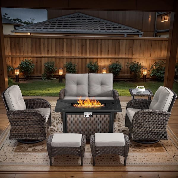 Brown 7-Piece Wicker Patio Fire Pit Set, Outdoor Glider Seating Set with Olefin Beige Cushions and Swivel Rockers