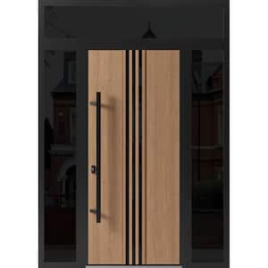 1055 60 in. x 96 in. Right-hand/Inswing 3 Sidelight Tinted Glass Teak Steel Prehung Front Door with Hardware